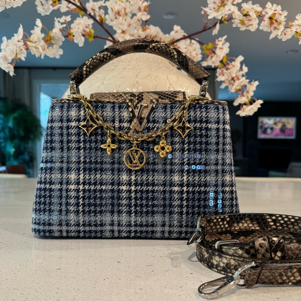 Louis Vuitton Blue Plaid Capucines BB Top Handle Bag with Gold Chain Charm